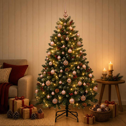 Artificial Christmas Tree Green with Bauble 180 cm 300 LEDs Green with Frosted Tips Ø 90 x 180 cm with 300 LEDs&pink balls