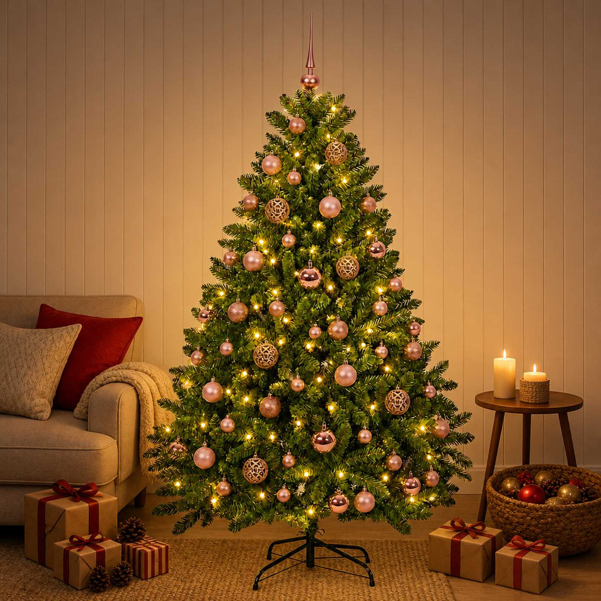 Artificial Christmas Tree with Bauble 120 cm Light Green Ø 88 x 120 cm with 150 LEDs&pink balls