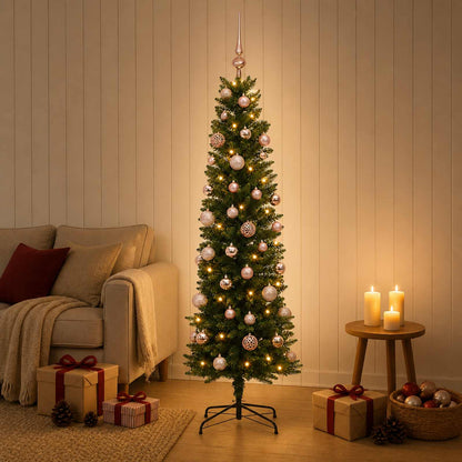 Artificial Slim Christmas Tree with Bauble 150 LEDs Green 120 cm with LEDs & pink balls
