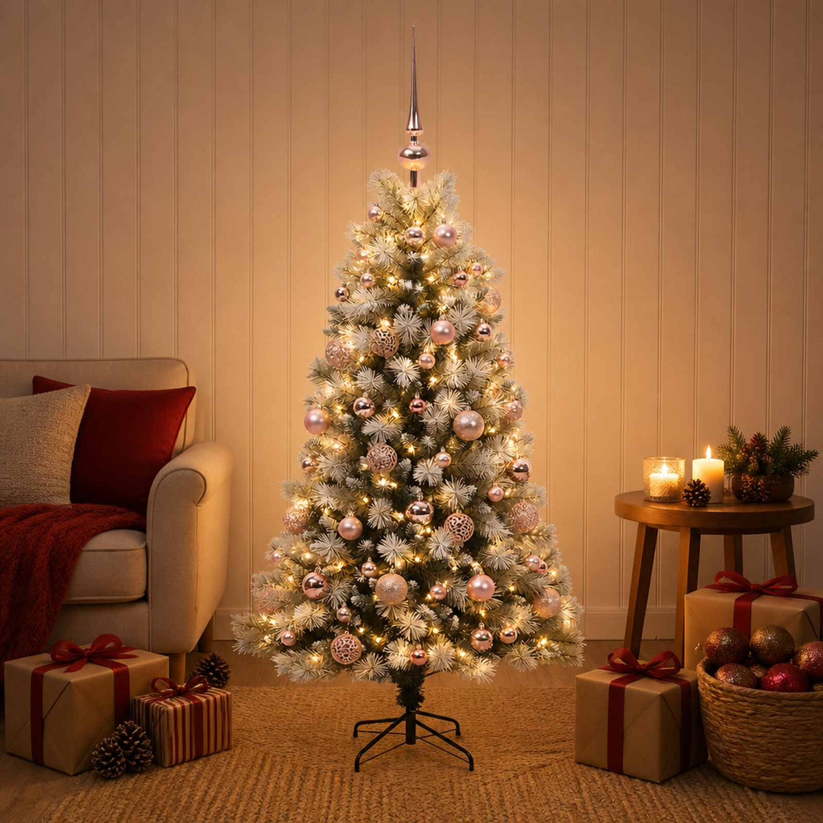 Artificial Hinged Christmas Tree with Baubles 150 LEDs 120 cm with LEDs & pink balls