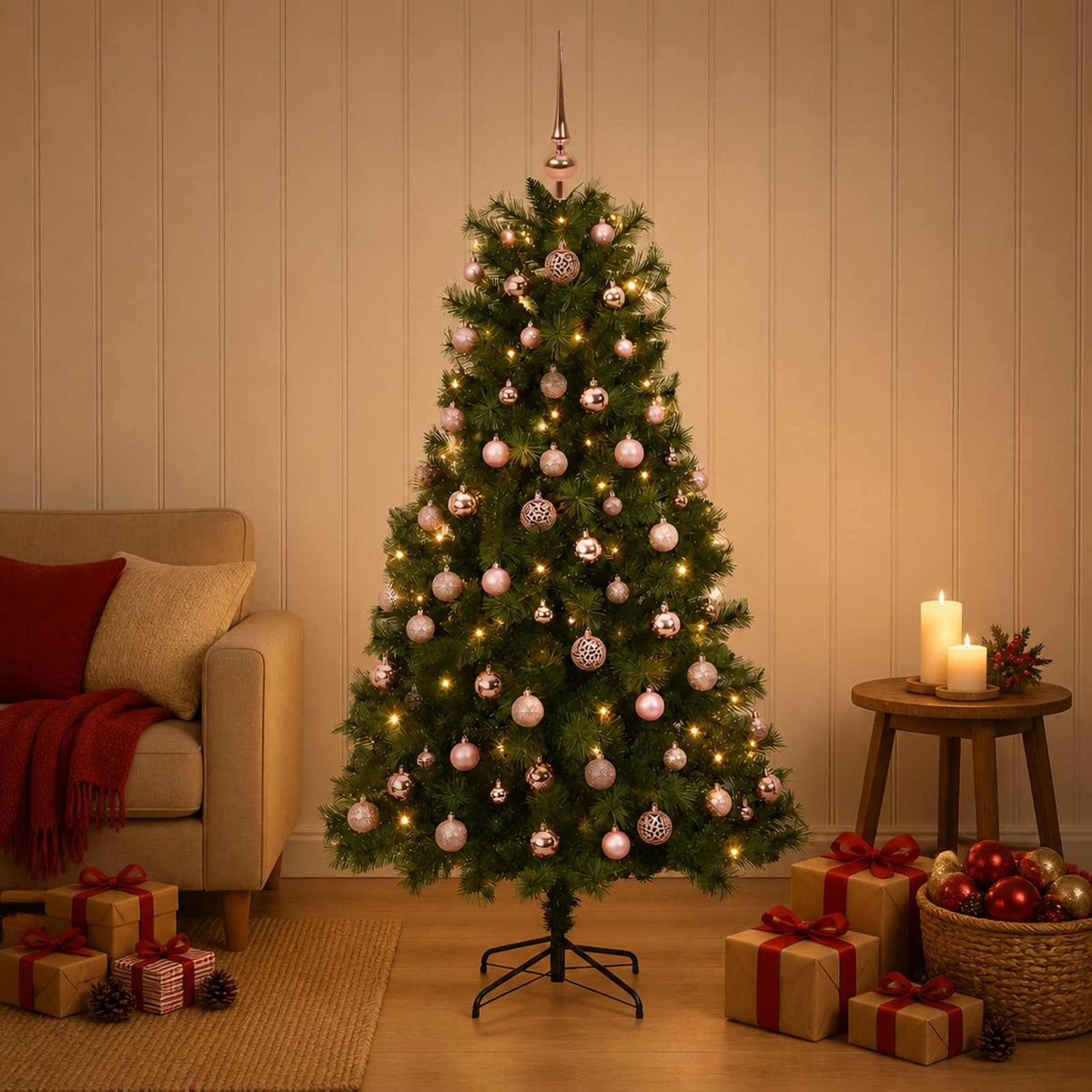 Artificial Hinged Christmas Tree with Baubles 150 LEDs Green 150 cm with LEDs & pink balls