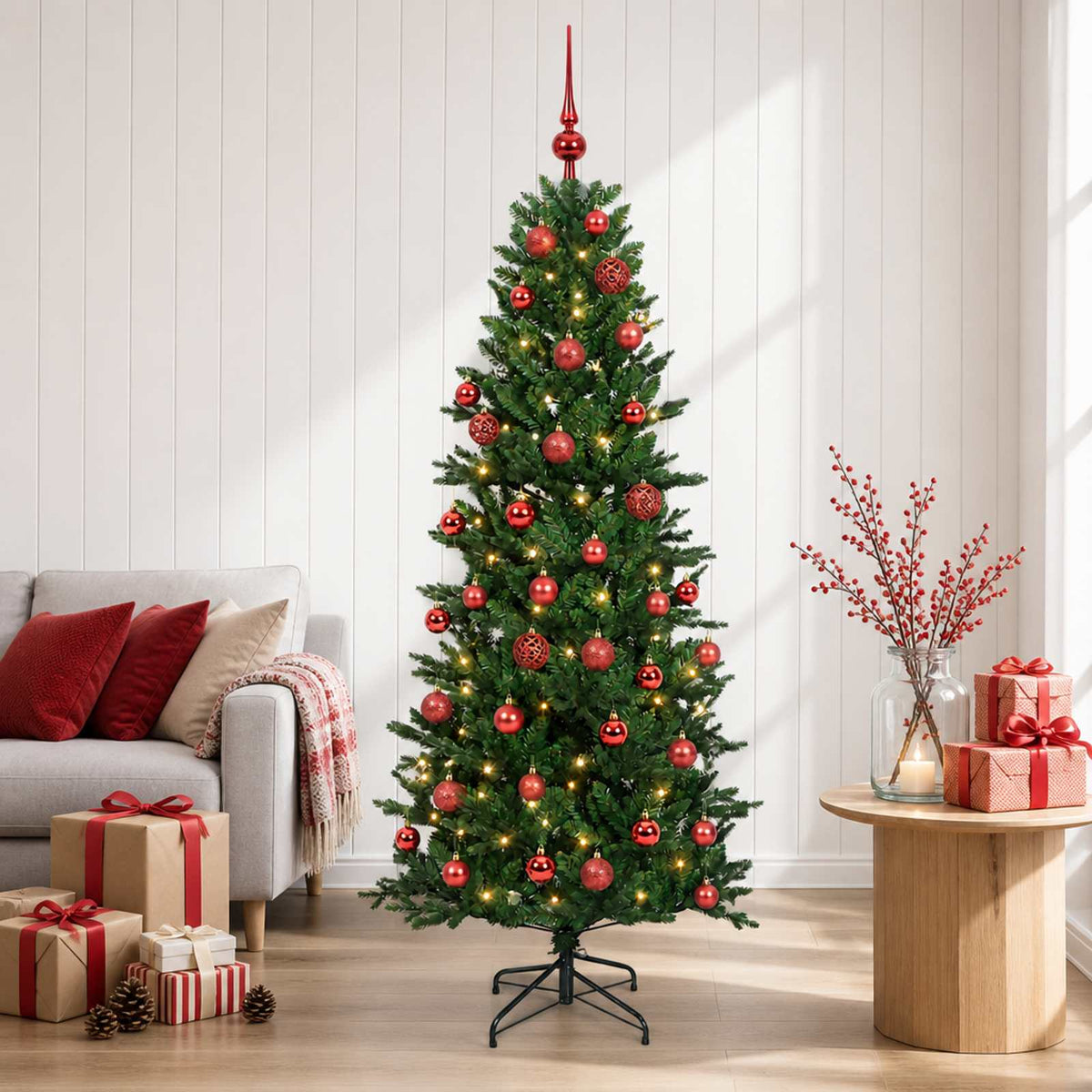 Artificial Christmas Tree with Bauble 150 LEDs Green Height 120 cm with LEDs & red balls