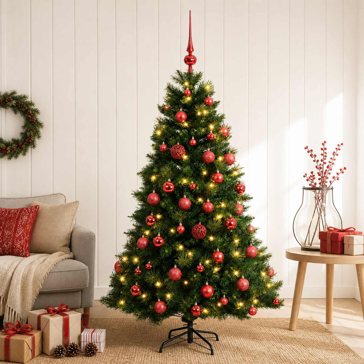 Artificial Christmas Tree with Bauble 150 LEDs Green with LEDs & red balls