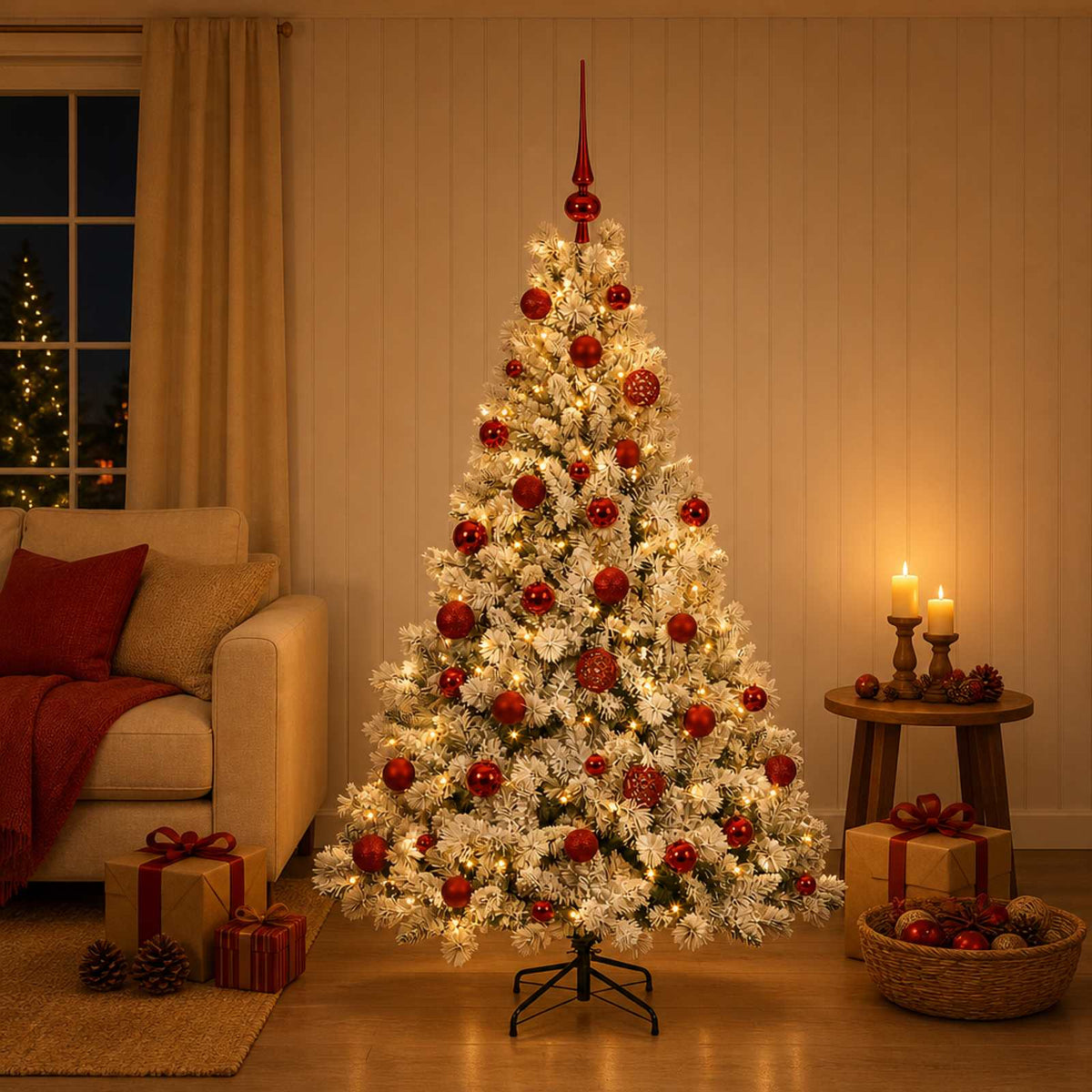 Artificial Christmas Tree with Bauble 150 LEDs Green and White Height 120 cm with LEDs & red balls