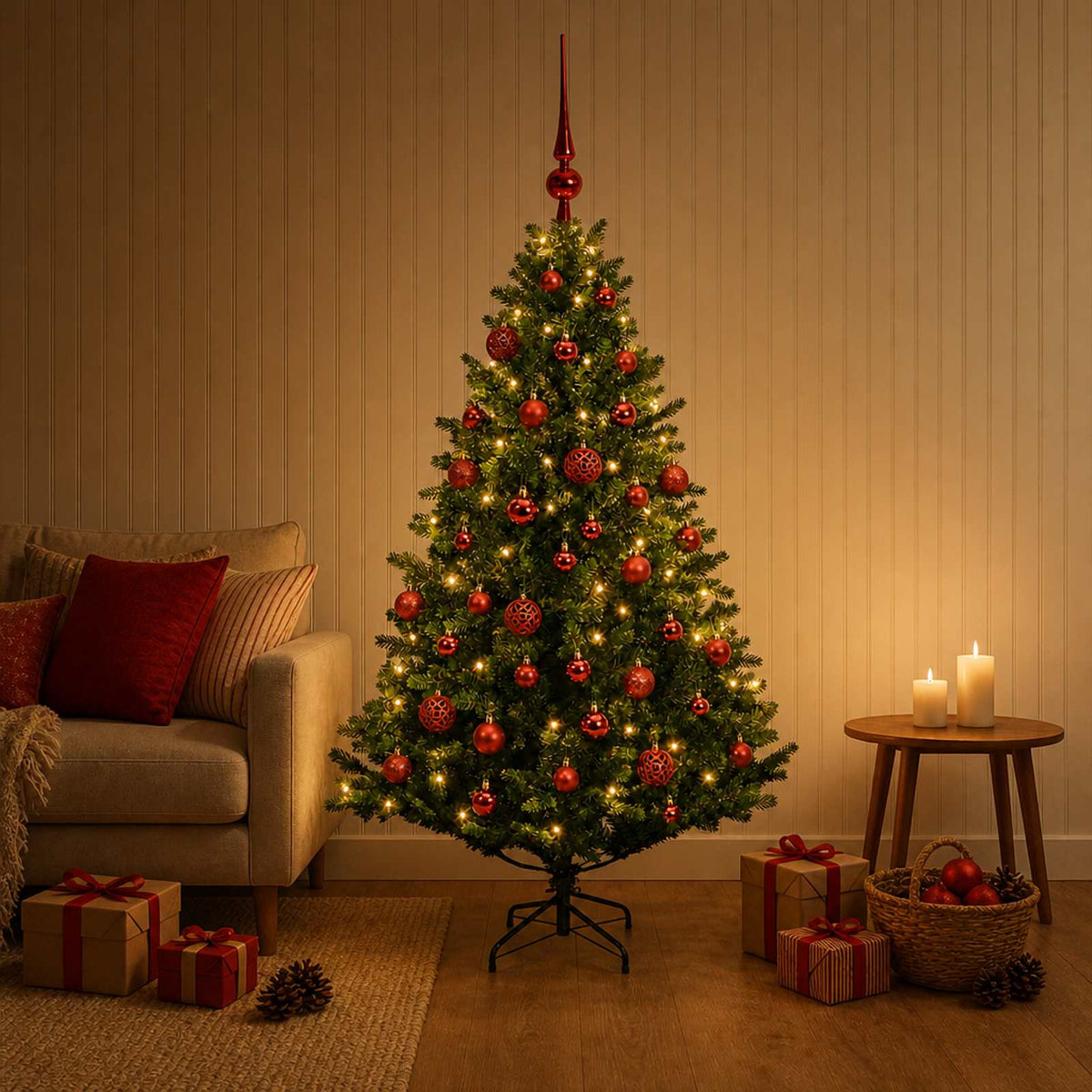 Artificial Christmas Tree with Bauble 150 LEDs Green 150 cm with LEDs & red balls