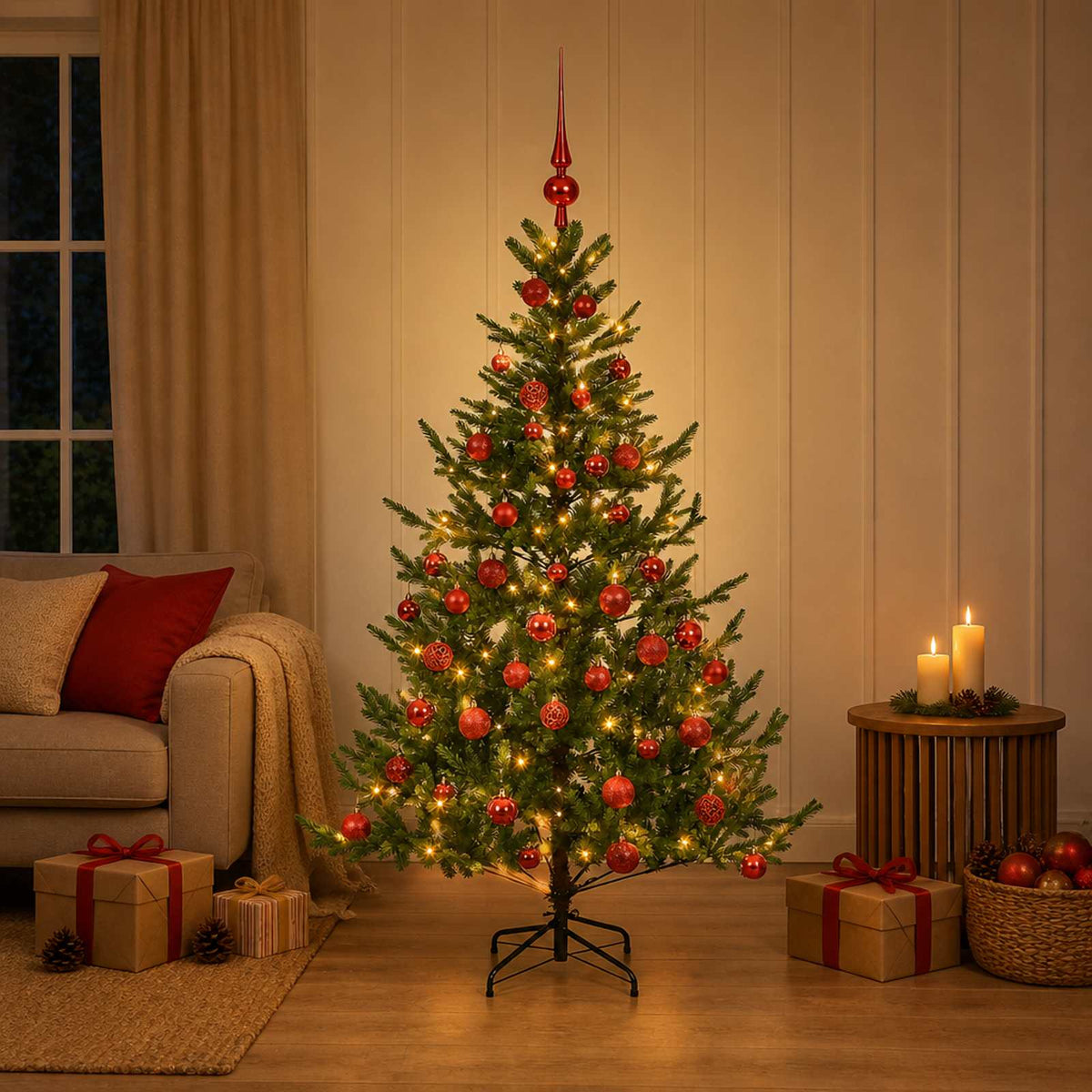 Artificial Christmas Tree with Bauble 150 LEDs Green 150 cm with LEDs & red balls