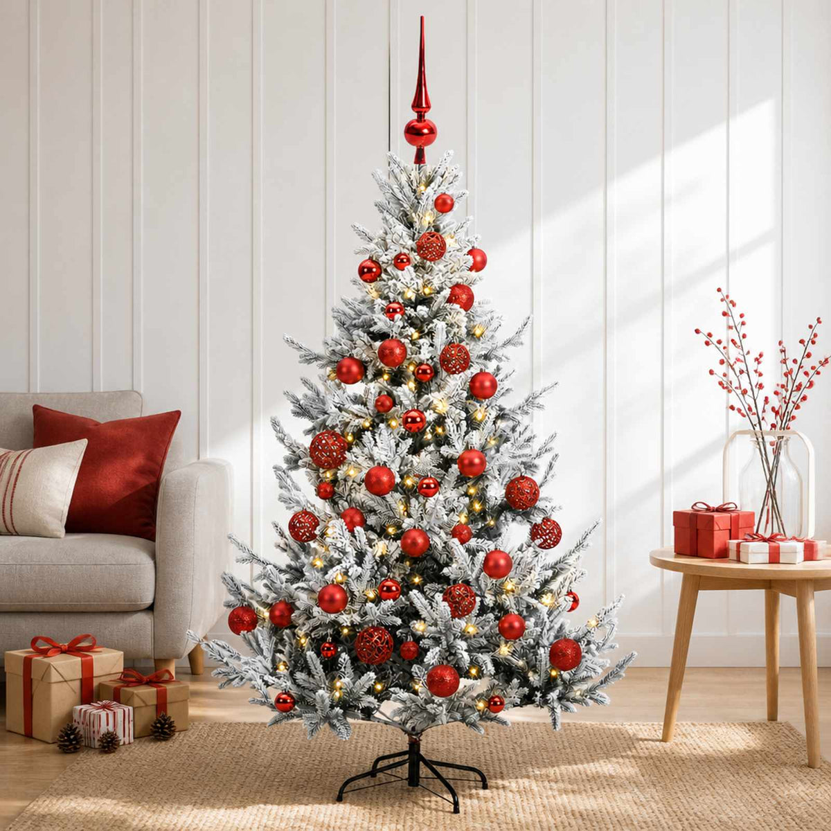 Artificial Christmas Tree with Bauble 150 LEDs Green and White 120 cm with LEDs & red balls