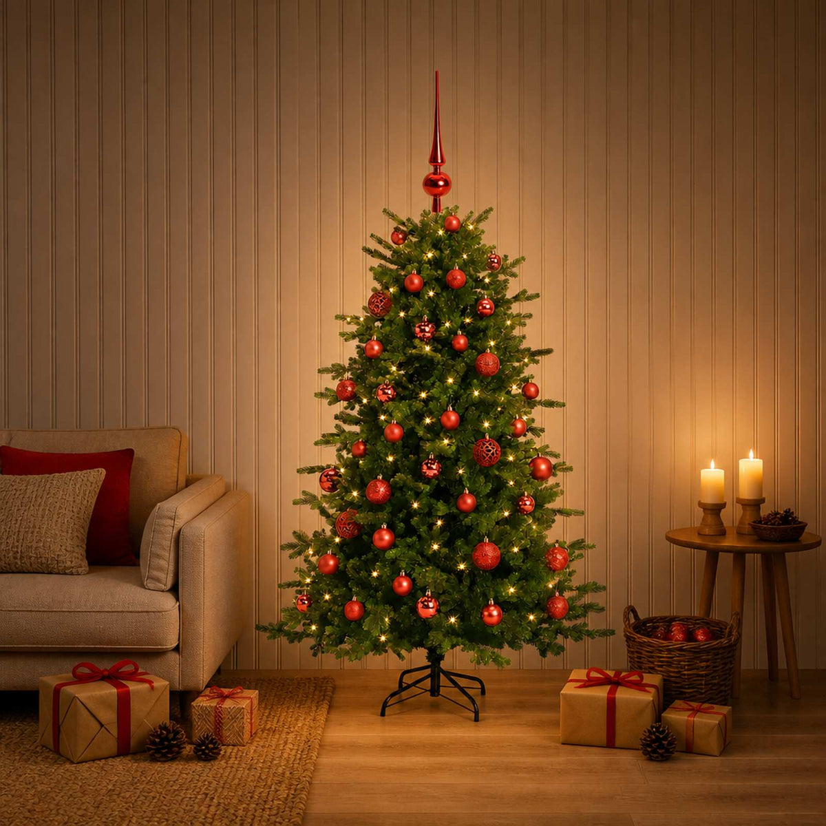 Artificial Christmas Tree with Bauble 150 LEDs 150 cm with LEDs & red balls