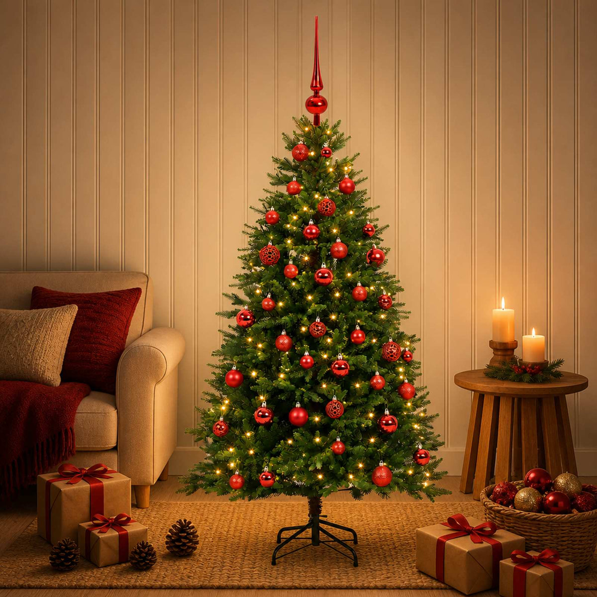 Artificial Christmas Tree with Bauble 150 LEDs Green 120 cm with LEDs & red balls