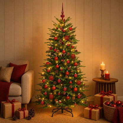 Artificial Hinged Christmas Tree 150 LEDs Warm White Green 120 cm with LEDs & red balls