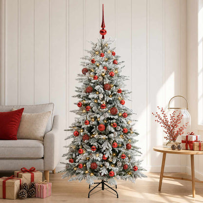 Artificial Hinged Christmas Tree 150 LEDs Warm White Green and White 120 cm with LEDs & red balls