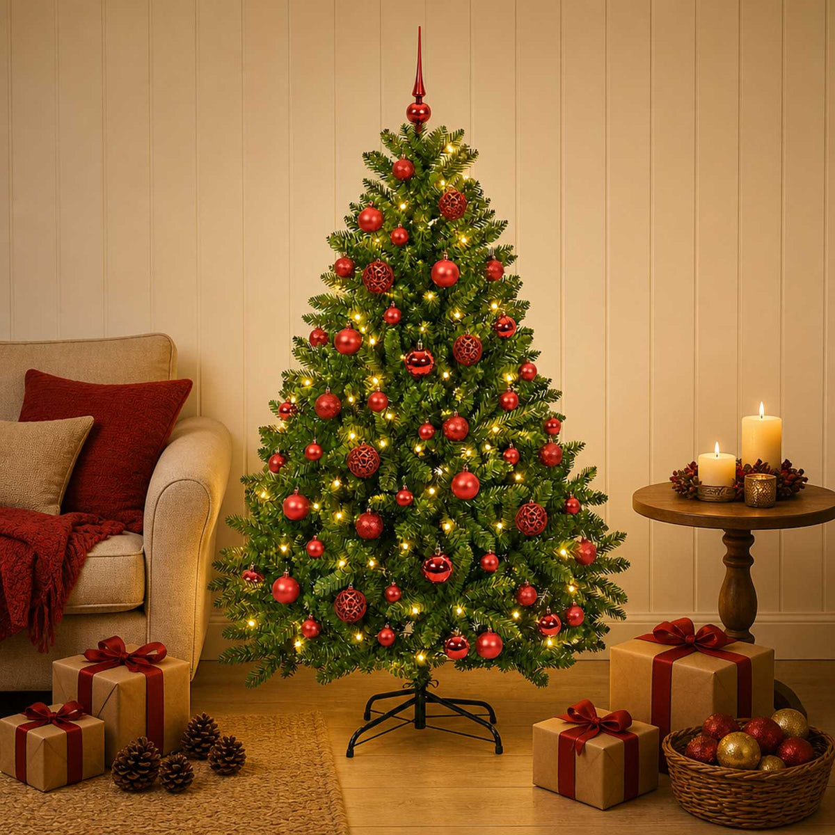 Artificial Christmas Tree with Bauble 120 cm Light Green Ø 88 x 120 cm with 150 LEDs&red balls