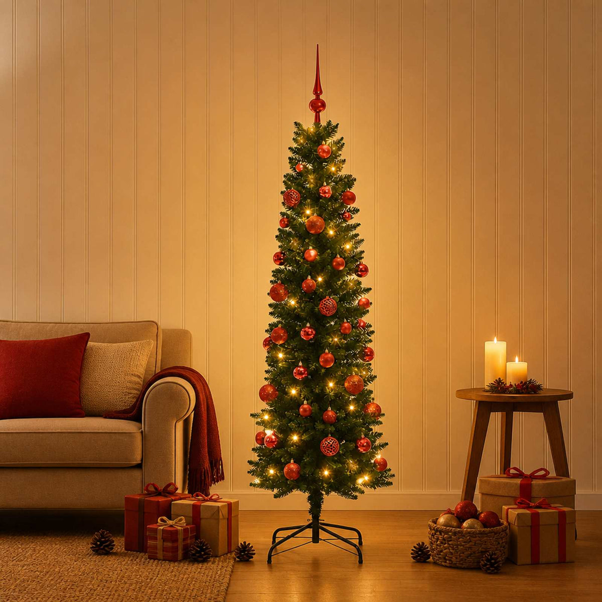 Artificial Slim Christmas Tree with Bauble 150 LEDs Green 120 cm with LEDs & red balls