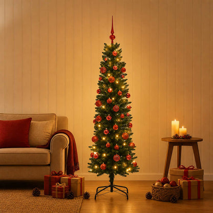 Artificial Slim Christmas Tree with Bauble 150 LEDs Green 150 cm with LEDs & red balls