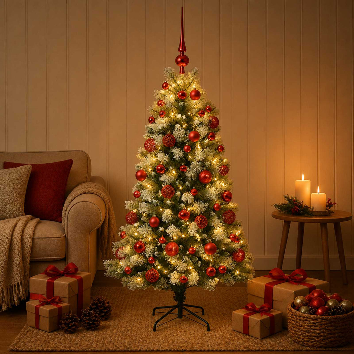 Artificial Hinged Christmas Tree with Baubles 150 LEDs 120 cm with LEDs & red balls