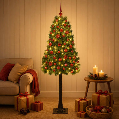 Artificial Hinged Christmas Tree with Baubles 150 LEDs Green 120 cm with LEDs & red balls