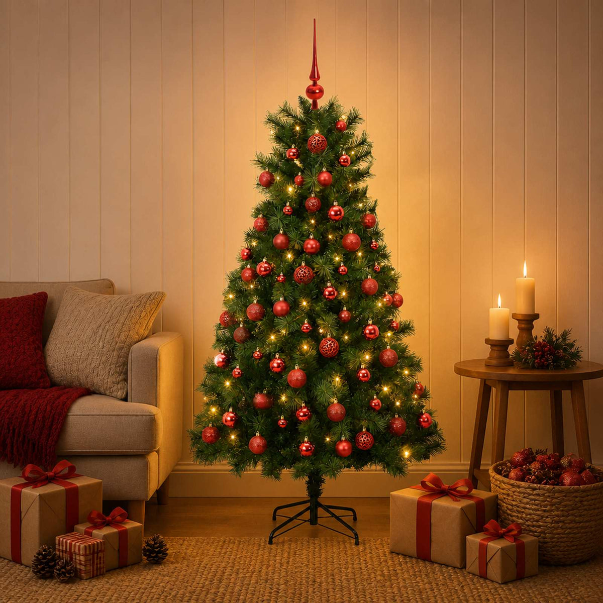 Artificial Hinged Christmas Tree with Baubles 150 LEDs Green 150 cm with LEDs & red balls