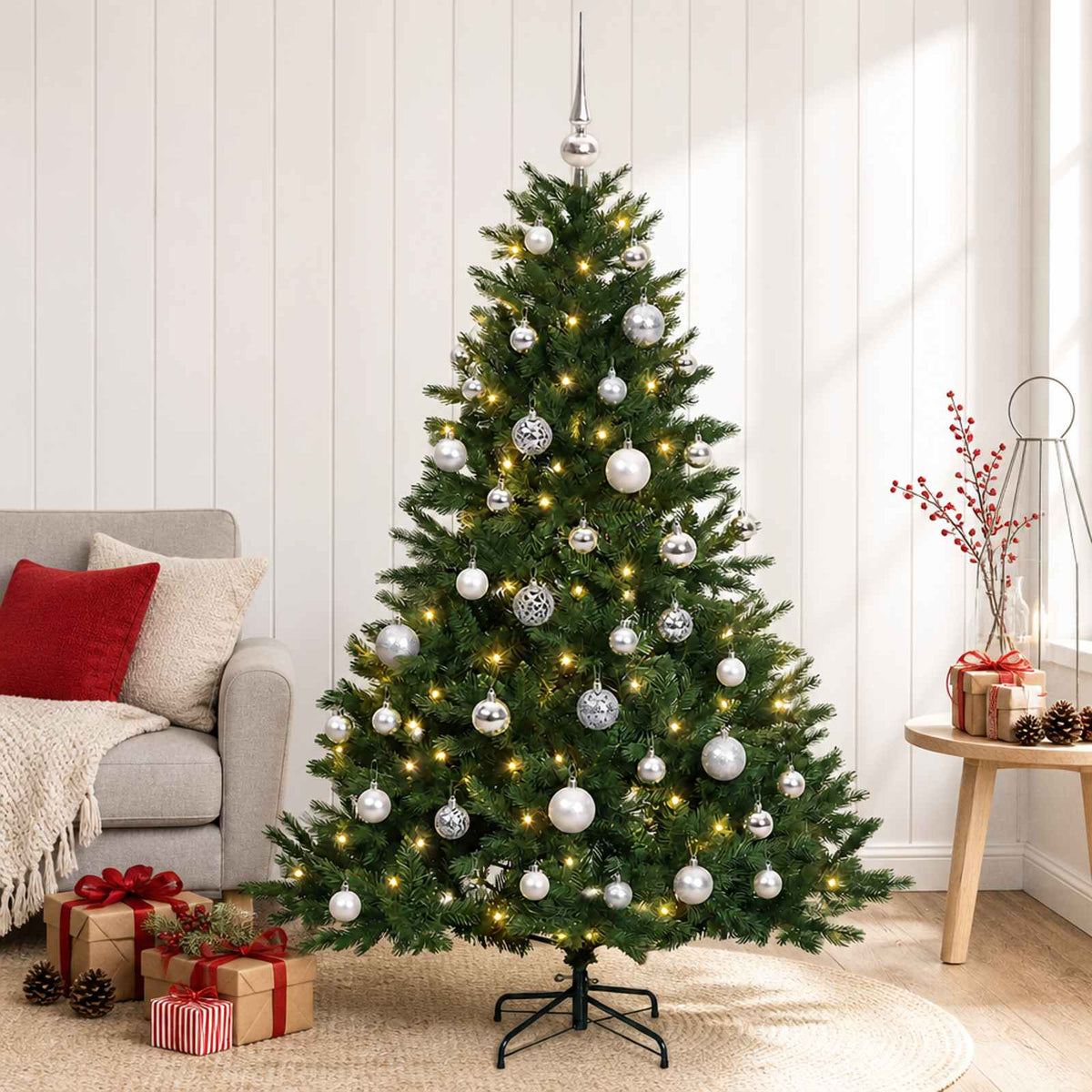 Artificial Christmas Tree with Bauble 150 LEDs Green Height 120 cm with LEDs & silver balls