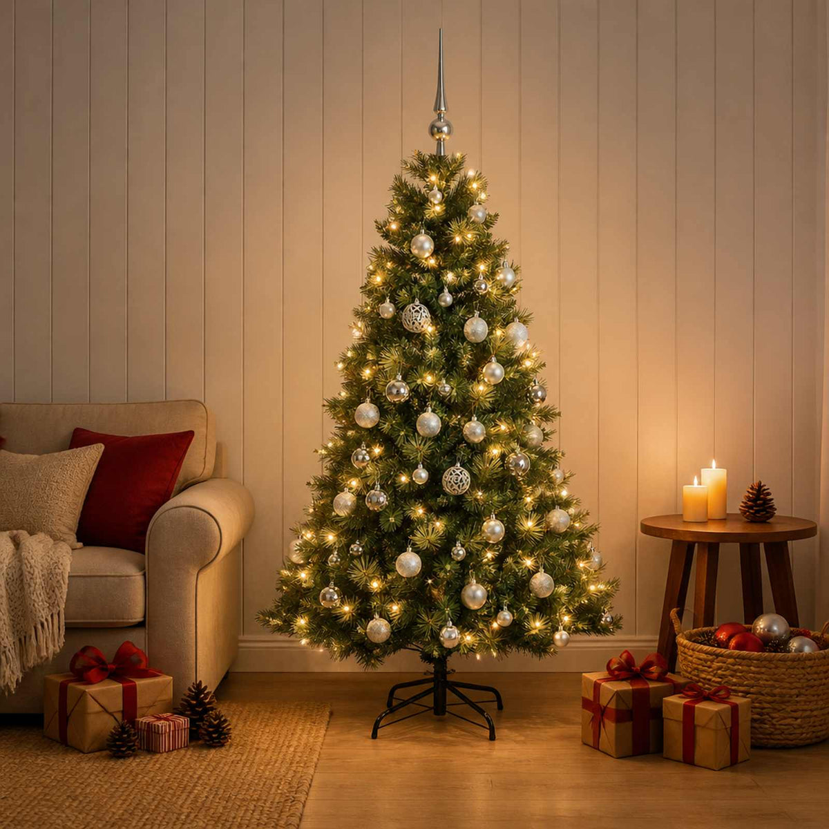 Artificial Christmas Tree with Bauble 150 LEDs Green Height 120 cm with LEDs & silver balls