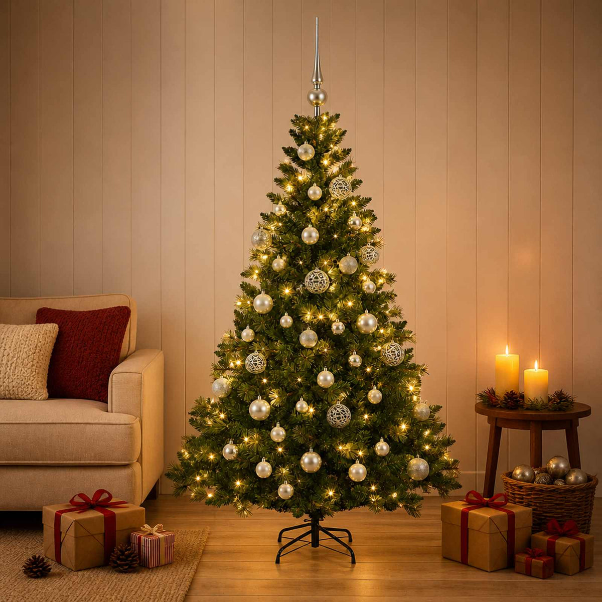 Artificial Christmas Tree with Bauble 150 LEDs Green Height 120 cm with LEDs & silver balls