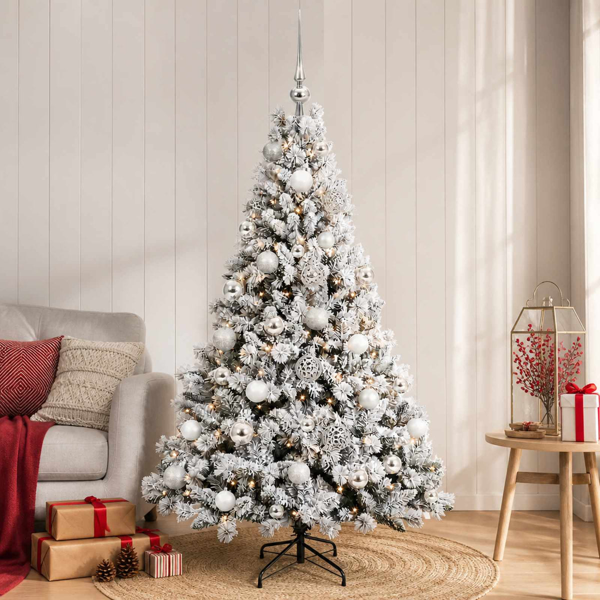 Artificial Christmas Tree with Bauble 150 LEDs Green and White Height 120 cm with LEDs & silver balls