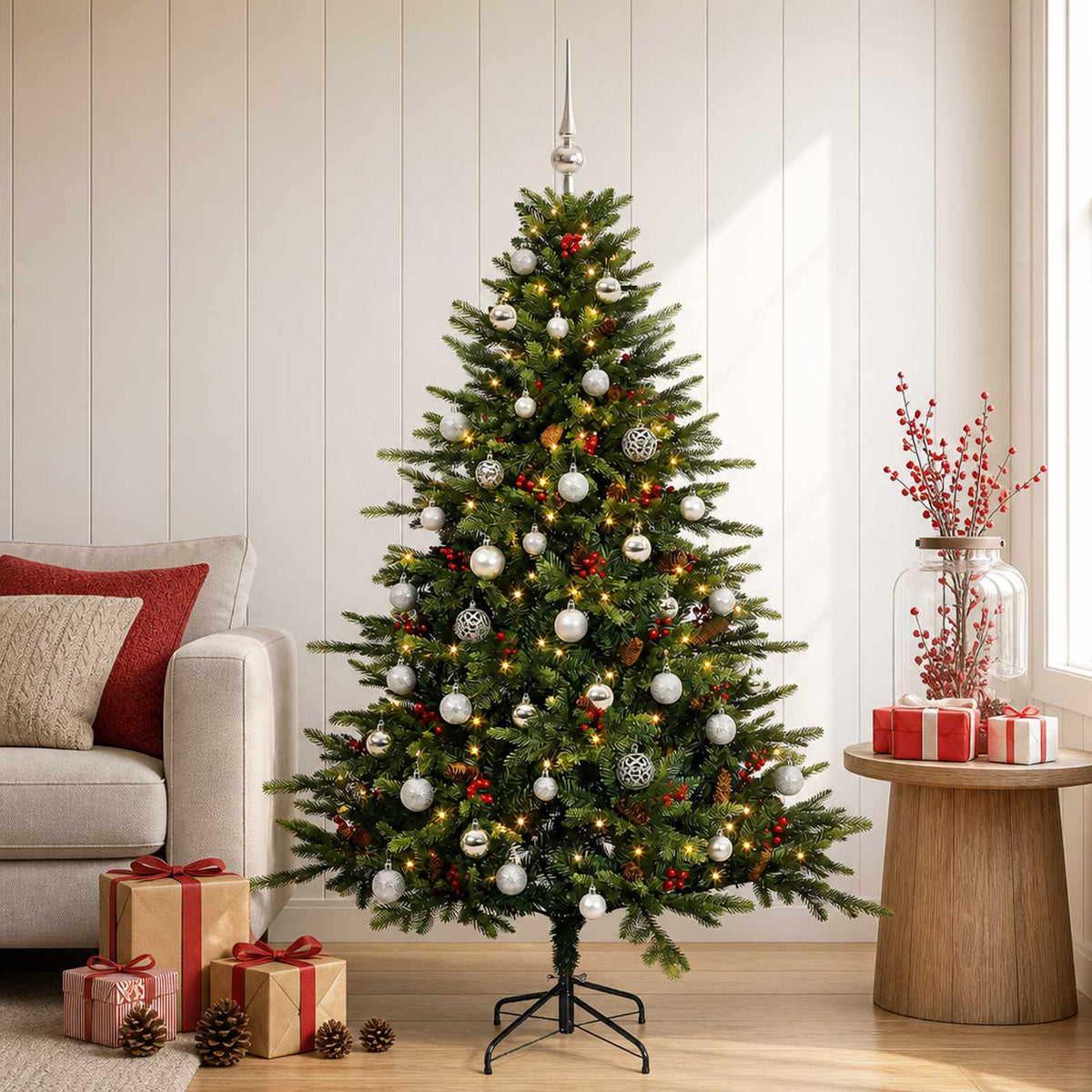 Artificial Christmas Tree with Bauble 150 LEDs Green 120 cm with LEDs & silver balls