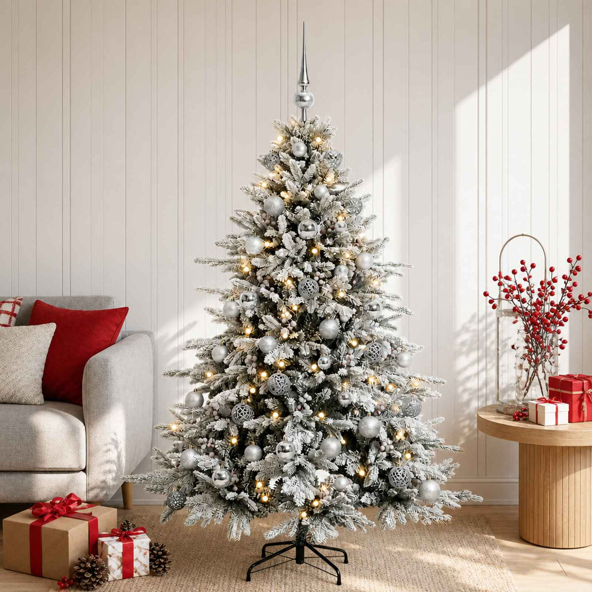 Artificial Christmas Tree with Bauble 150 LEDs Green and White 120 cm with LEDs & silver balls