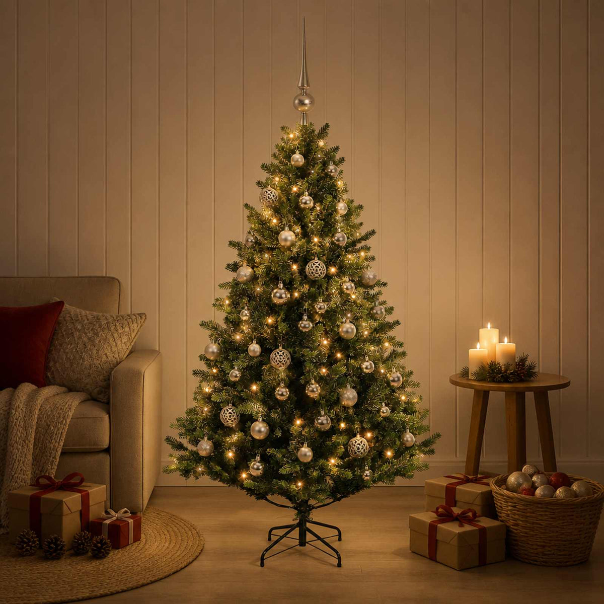 Artificial Christmas Tree with Bauble 150 LEDs Green 150 cm with LEDs & silver balls