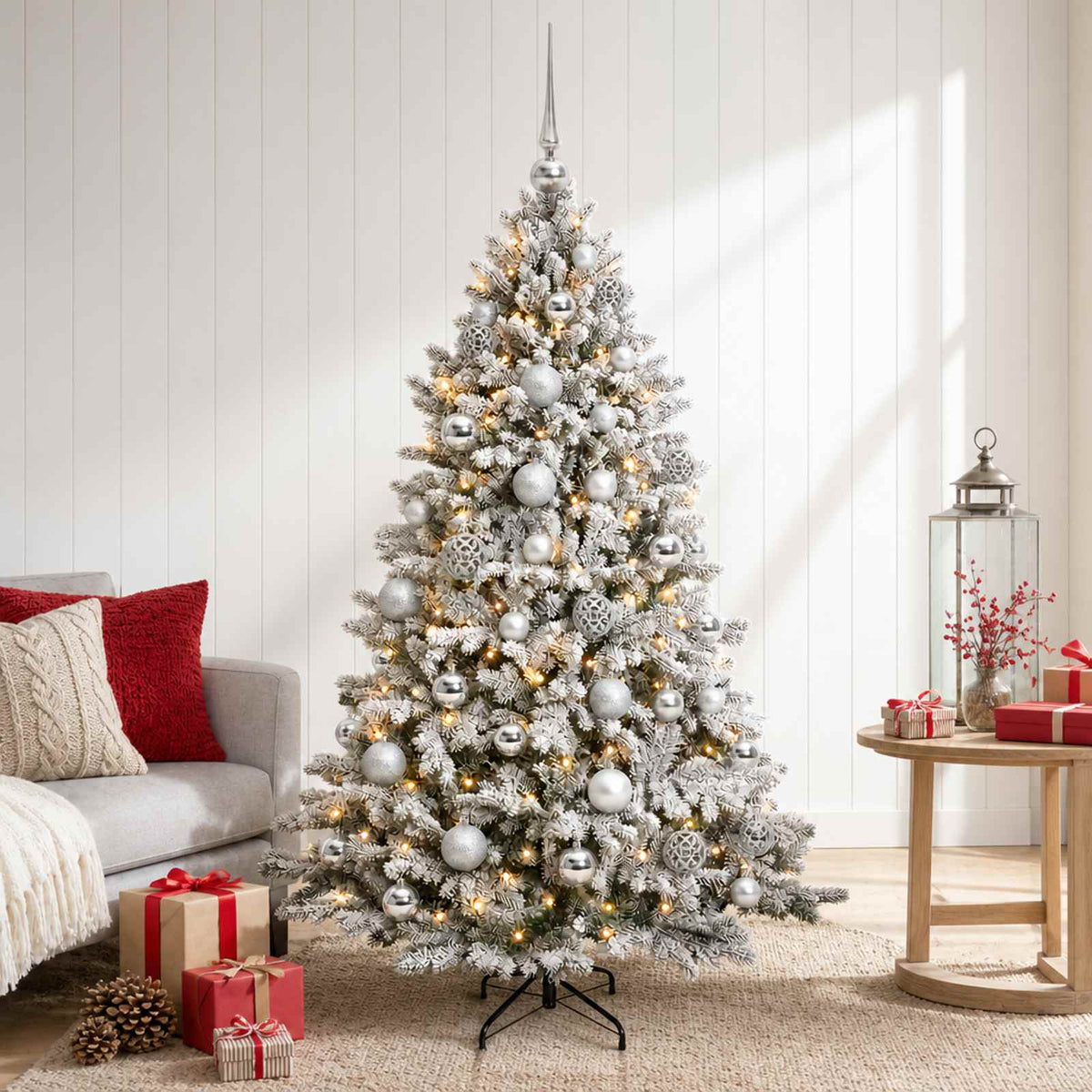 Artificial Christmas Tree with Bauble 150 LEDs Green and White 150 cm with LEDs & silver balls