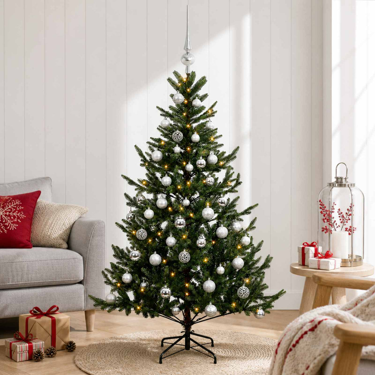 Artificial Christmas Tree with Bauble 150 LEDs Green 150 cm with LEDs & silver balls