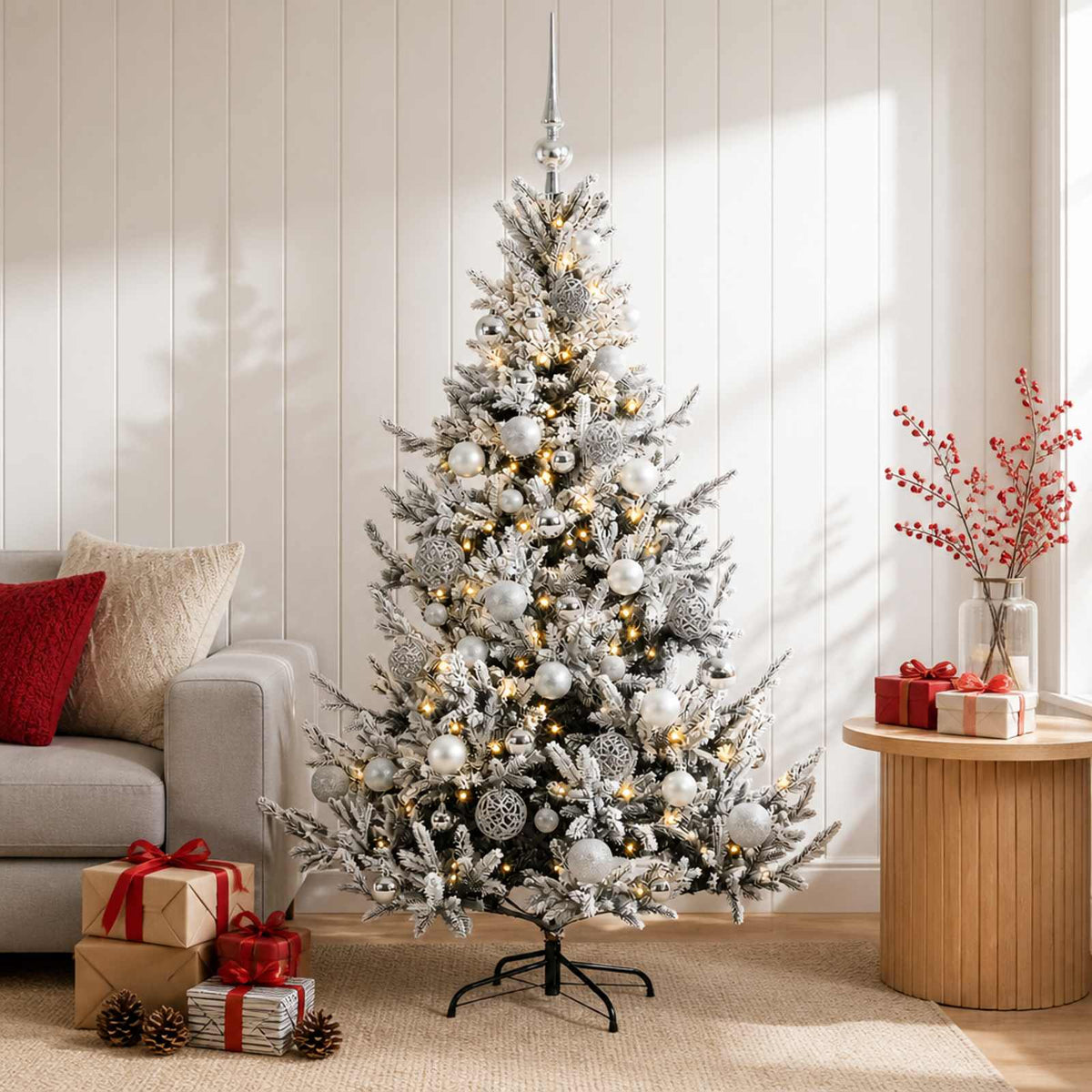 Artificial Christmas Tree with Bauble 150 LEDs Green and White 150 cm with LEDs & silver balls