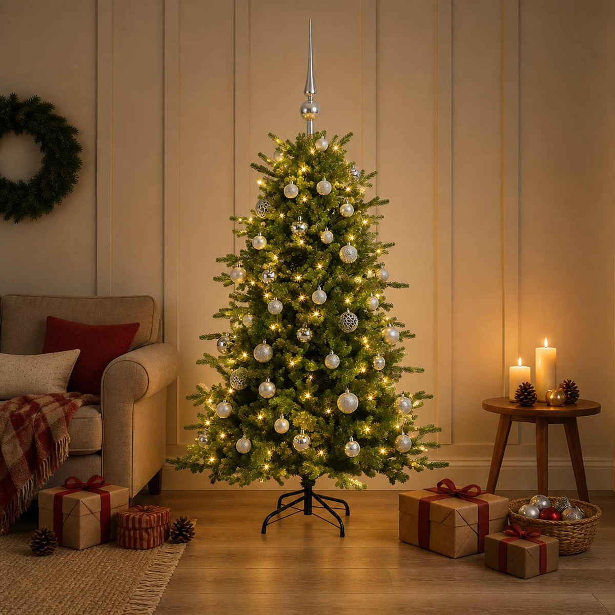 Artificial Christmas Tree with Bauble 150 LEDs 150 cm with LEDs & silver balls