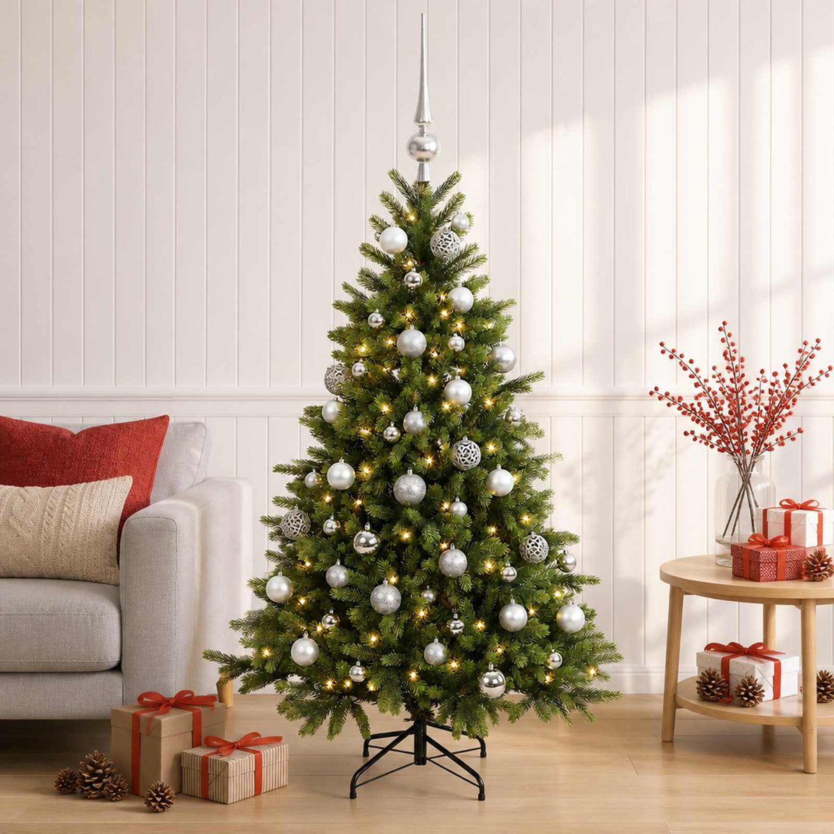 Artificial Christmas Tree with Bauble 150 LEDs 120 cm with LEDs & silver balls