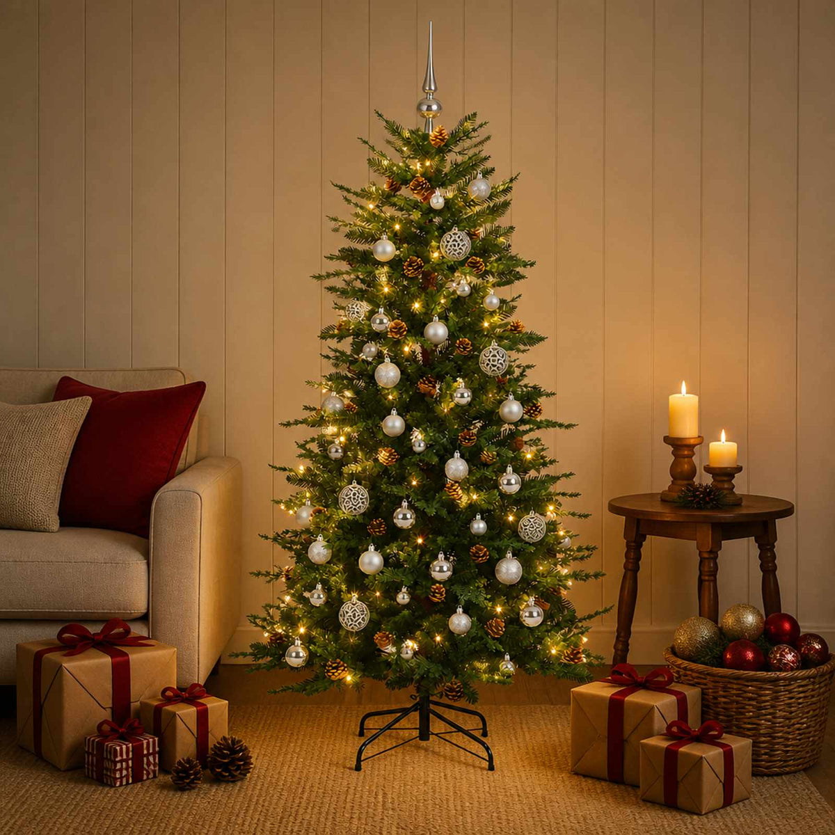 Artificial Hinged Christmas Tree 150 LEDs Warm White Green 120 cm with LEDs & silver balls