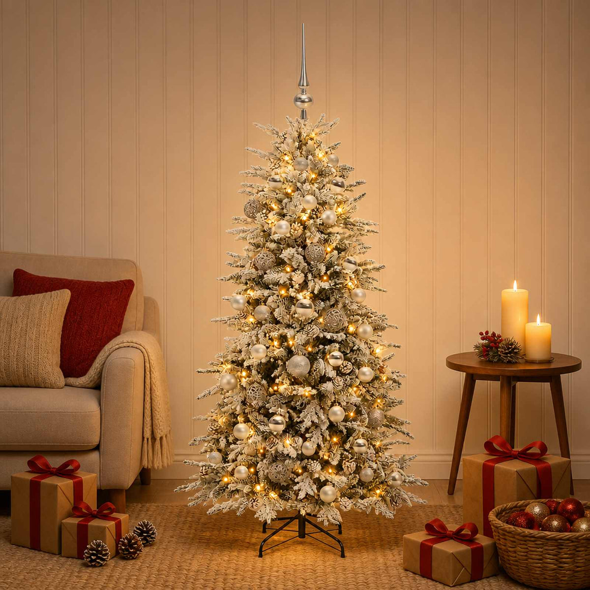 Artificial Hinged Christmas Tree 150 LEDs Warm White Green and White 120 cm with LEDs & silver balls