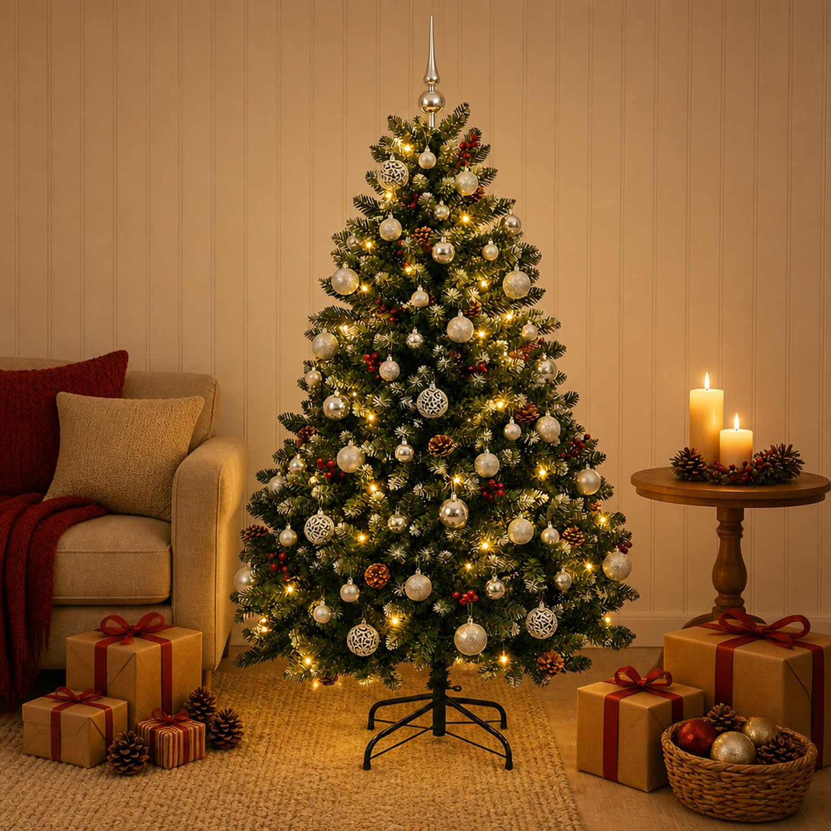 Artificial Christmas Tree Green with Bauble 150 cm 150 LEDs Green with Frosted Tips Ø 80 x 150 cm with 150 LEDs&silver balls