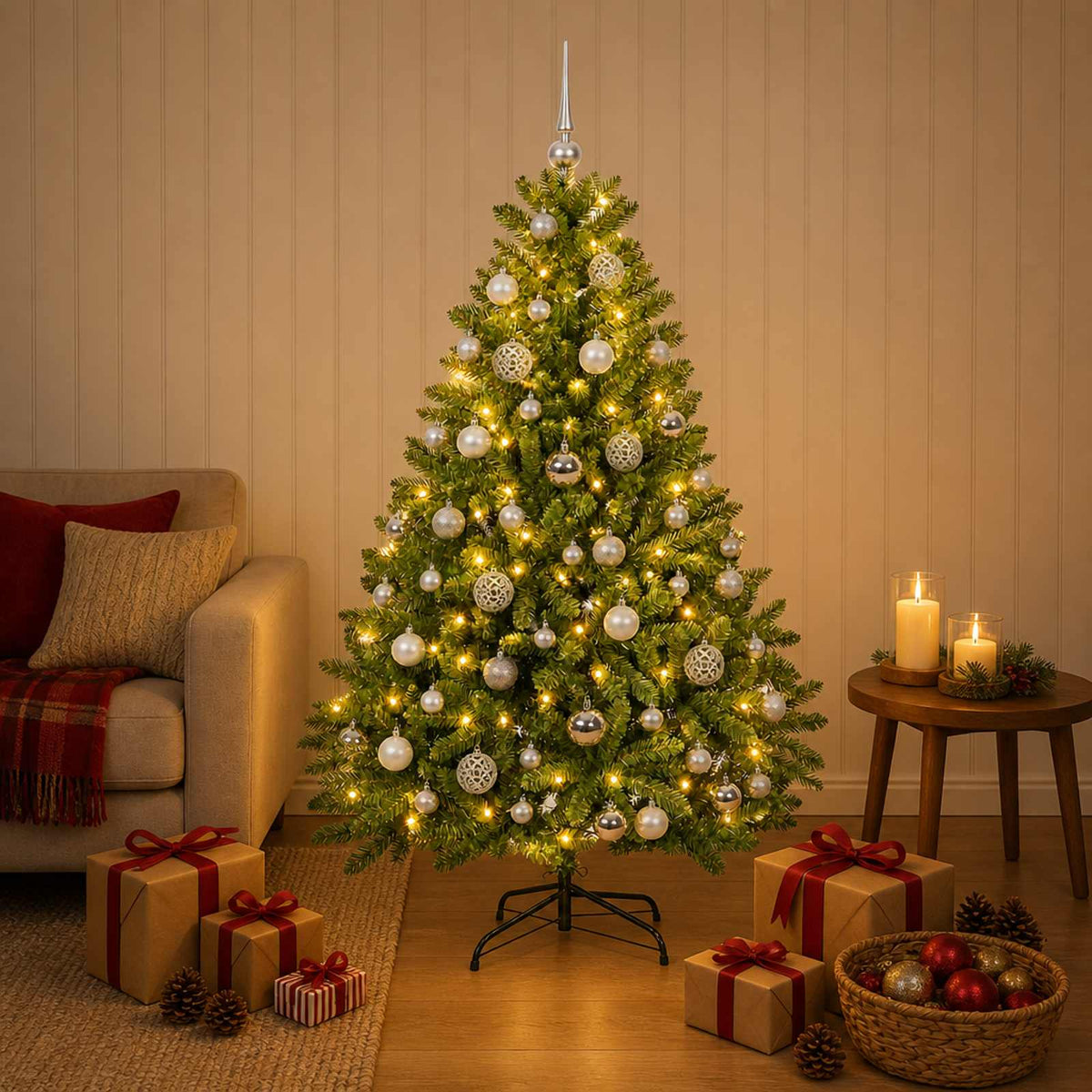 Artificial Christmas Tree with Bauble 120 cm Light Green Ø 88 x 120 cm with 150 LEDs&silver balls