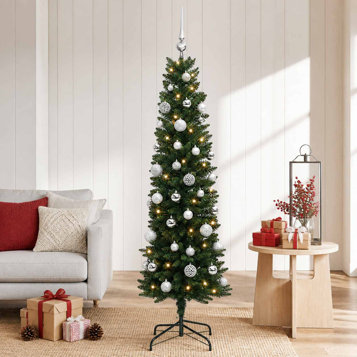 Artificial Slim Christmas Tree with Bauble 150 LEDs Green 120 cm with LEDs & silver balls