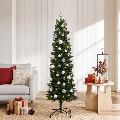 Artificial Slim Christmas Tree with Bauble 150 LEDs Green 150 cm with LEDs & silver balls