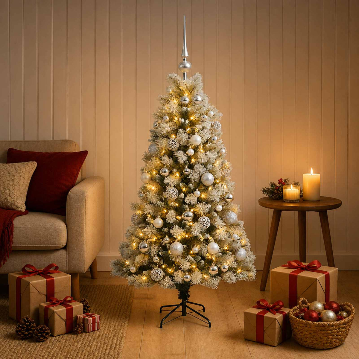 Artificial Hinged Christmas Tree with Baubles 150 LEDs 120 cm with LEDs & silver balls