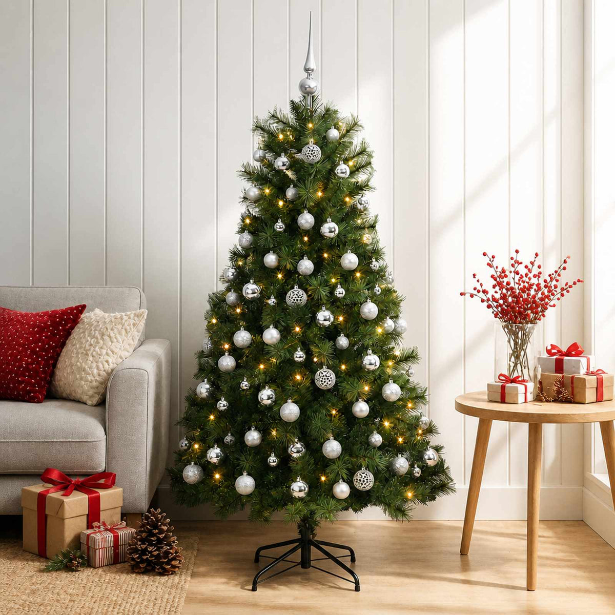 Artificial Hinged Christmas Tree with Baubles 150 LEDs Green 150 cm with LEDs & silver balls