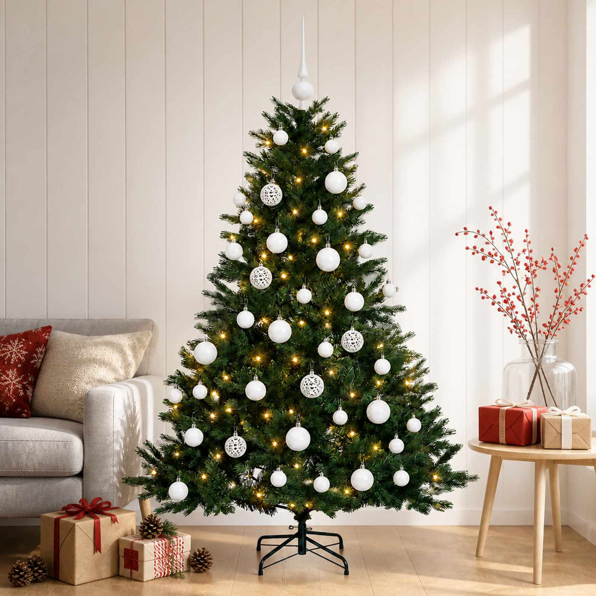 Artificial Christmas Tree with Bauble 150 LEDs Green Height 120 cm with LEDs & white balls