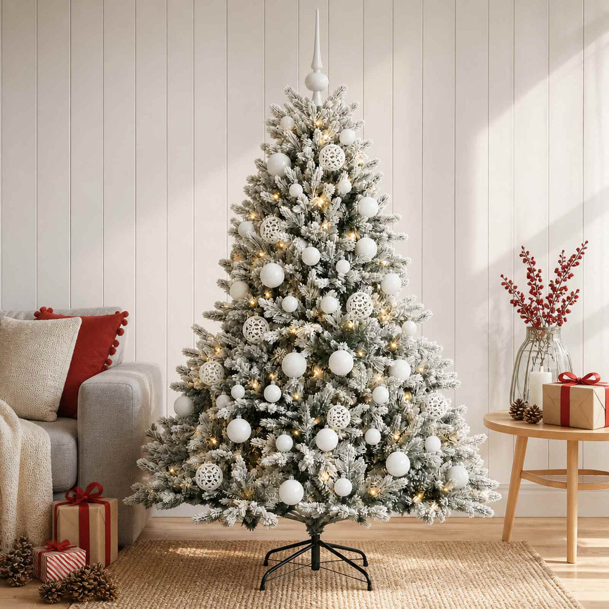Artificial Christmas Tree with Bauble 150 LEDs Green and White with LEDs & white balls