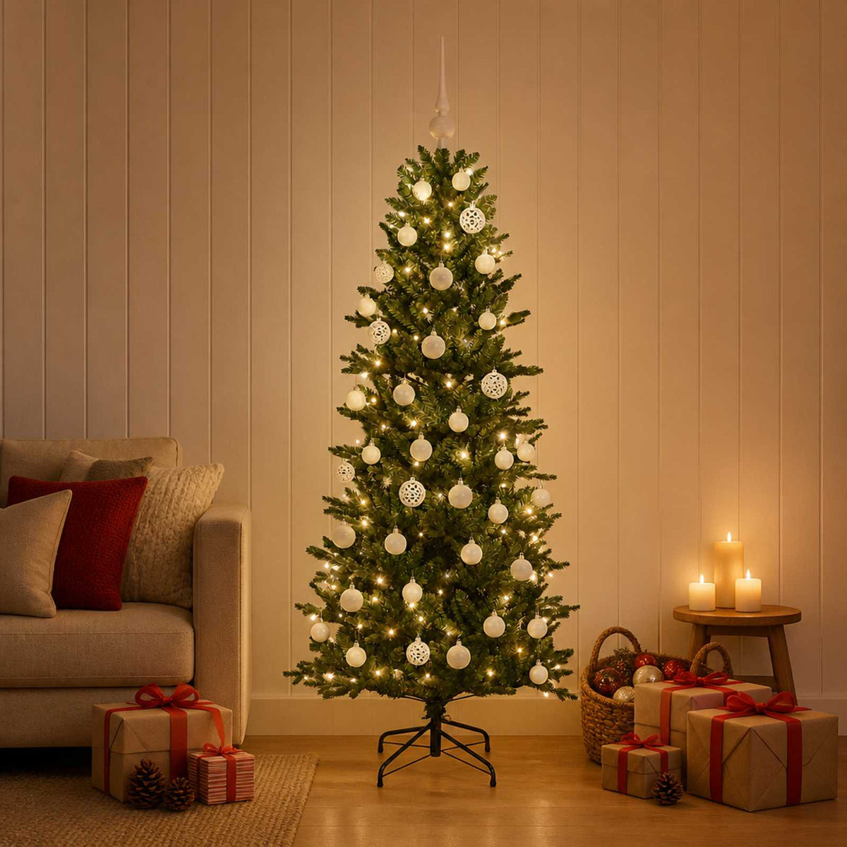 Artificial Christmas Tree with Bauble 150 LEDs Green Height 120 cm with LEDs & white balls