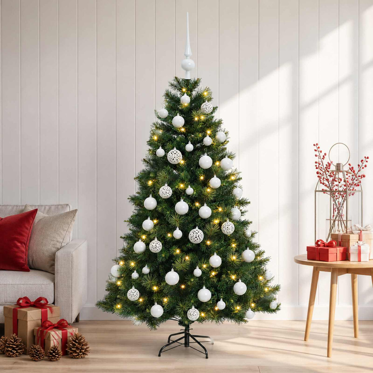 Artificial Christmas Tree with Bauble 150 LEDs Green with LEDs & white balls