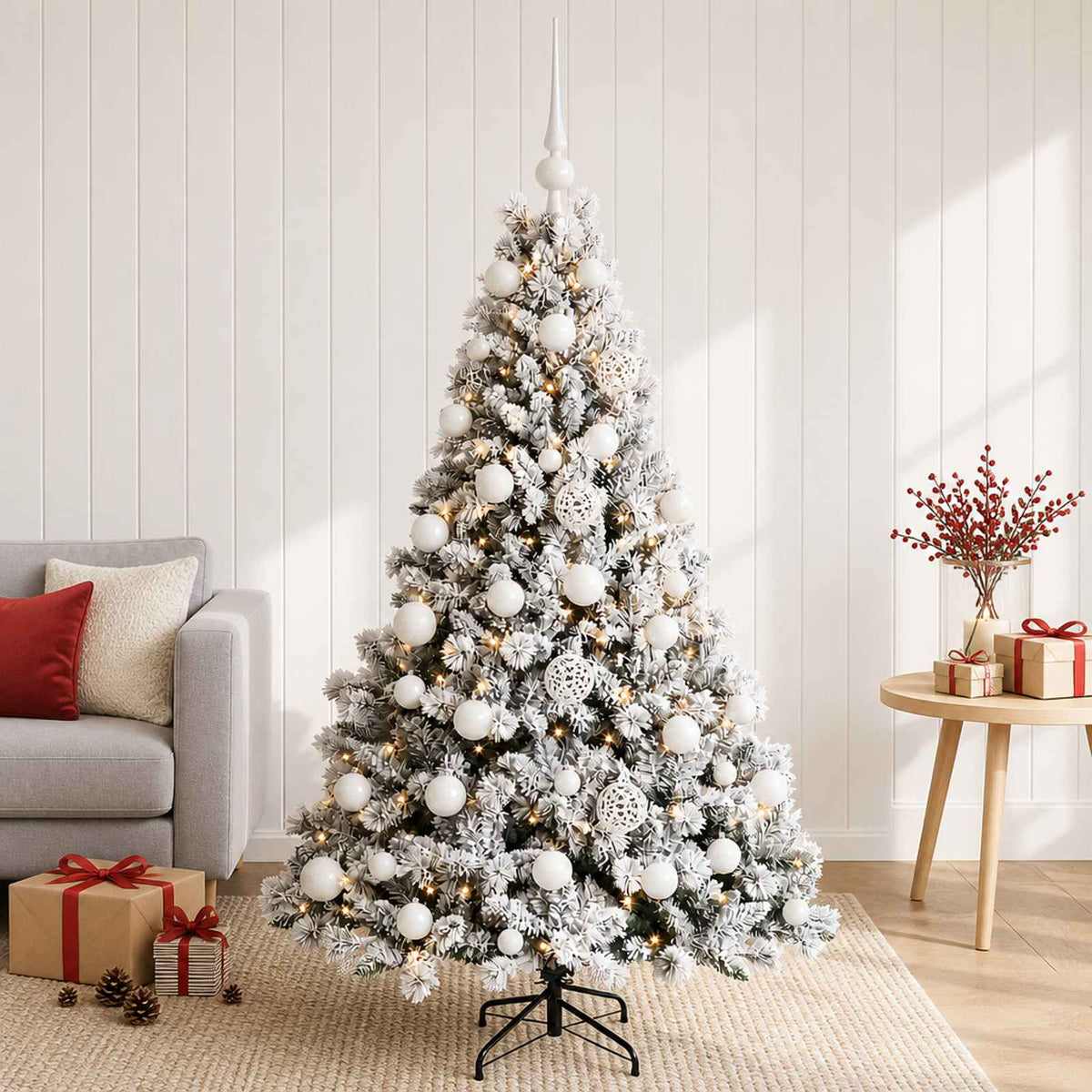 Artificial Christmas Tree with Bauble 150 LEDs Green and White Height 120 cm with LEDs & white balls