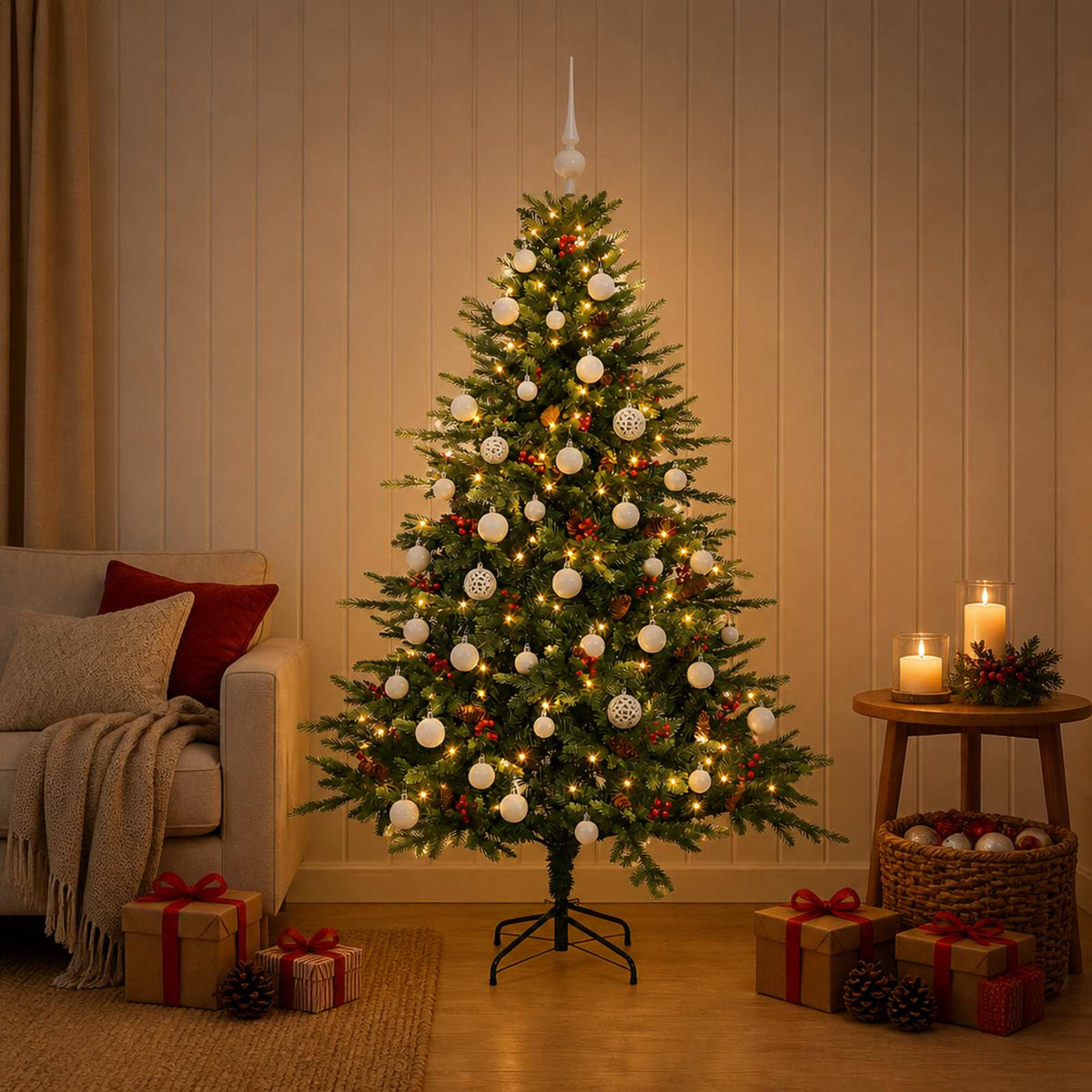 Artificial Christmas Tree with Bauble 150 LEDs Green 120 cm with LEDs & white balls