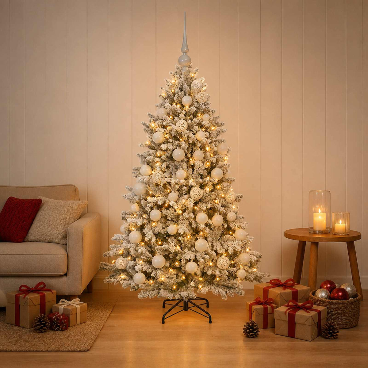 Artificial Christmas Tree with Bauble 150 LEDs Green and White 120 cm with LEDs & white balls