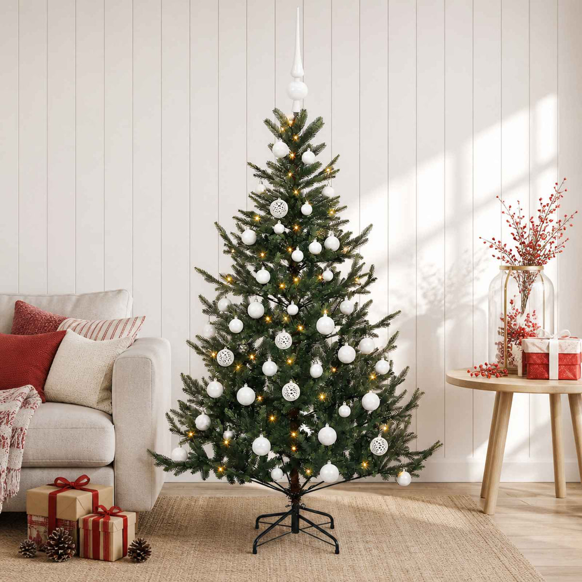 Artificial Christmas Tree with Bauble 150 LEDs Green 150 cm with LEDs & white balls