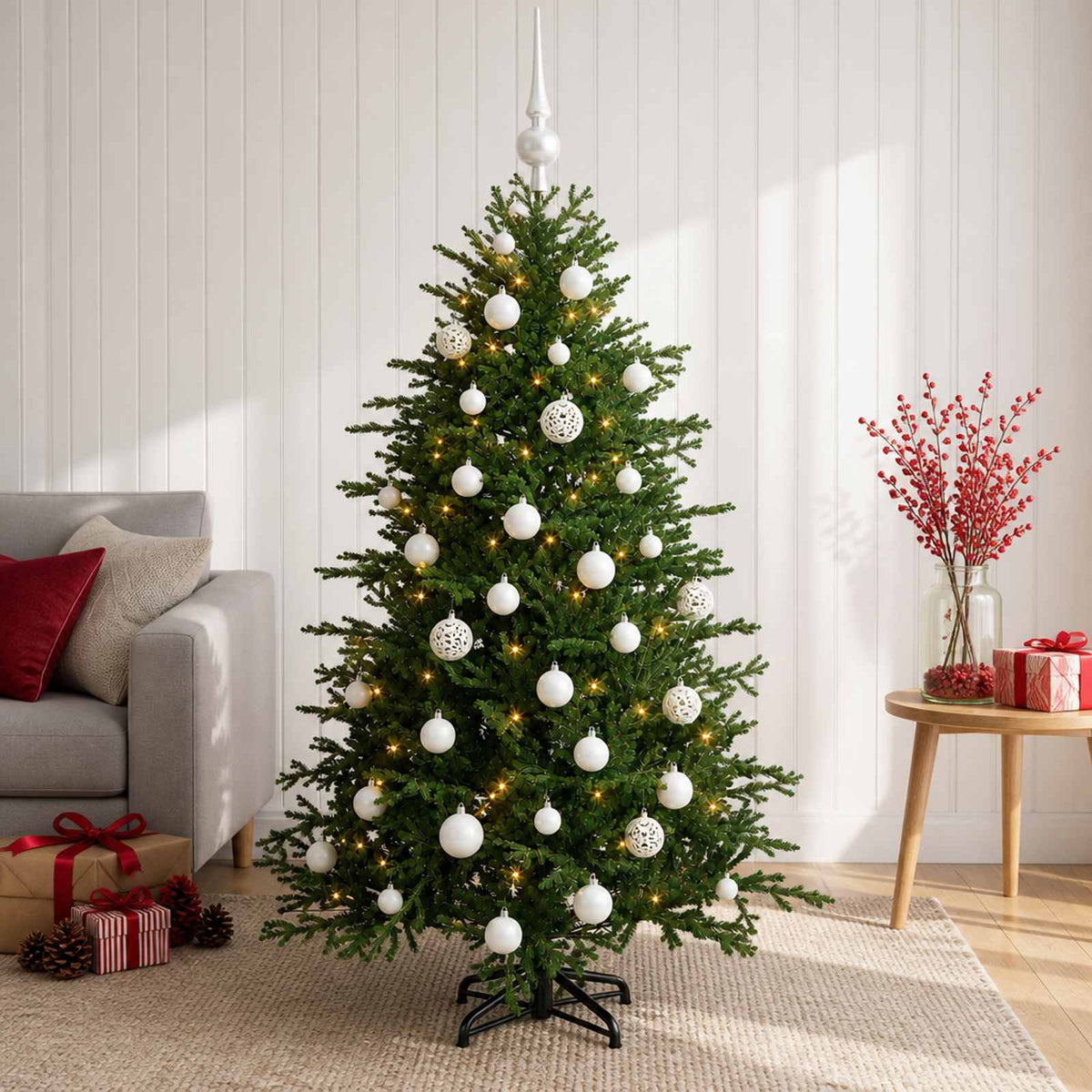 Artificial Christmas Tree with Bauble 150 LEDs 150 cm with LEDs & white balls